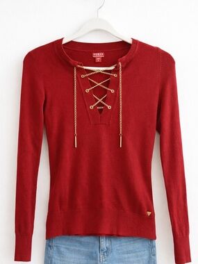 GUESS Red Lace-Up Sweater with Gold Chain Trim
